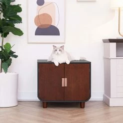 TeamsonUS Teamson Pets Small Dyad Wooden Cat Litter Box Enclosure And Side Table, Mocha Walnut