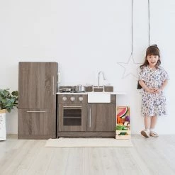 TeamsonUS New Teamson Kids Exclusive Little Chef Chelsea Modern Wooden Play Kitchen With Cookware Accessories, Cherry Grain