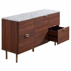 TeamsonUS Teamson Home Ashton Rectangular Wood Sideboard With Marble-Look Top And Metal Legs, Marble/Walnut
