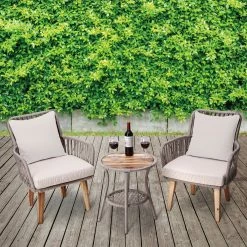 TeamsonUS Teamson Home Indoor/Outdoor 3 Piece Wicker Bistro Patio Set With Table, Chairs And Cushions Set, Tan/Brown