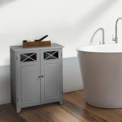 TeamsonUS New Teamson Home Dawson Contemporary Wooden Floor Storage Cabinet With Two Doors, Gray