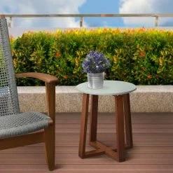 TeamsonUS Teamson Home Outdoor Solid Eucalyptus Wood Patio Side Table With Superstone Cement Top, Gray