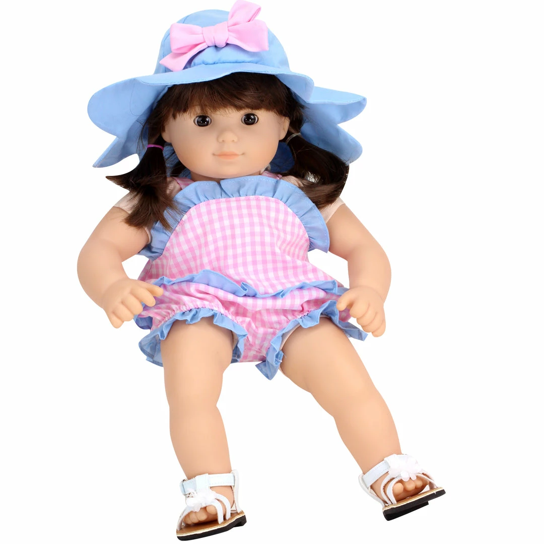 TeamsonUS Sophia's Gingham Romper Outfit And Hat Set For 15'' Dolls, Pink/Blue
