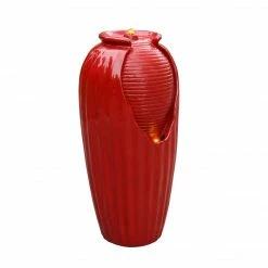 TeamsonUS Teamson Home Indoor/Outdoor Contemporary Glazed Contoured Vase Water Fountain With LED Lights, Red