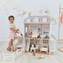 TeamsonUS Teamson Kids Dreamland Farm Dollhouse With 14 Accessories, White/Gray