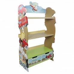 TeamsonUS Fantasy Fields Kids Transportation Themed Wooden Bookshelf With Storage Drawer, Multicolor