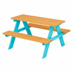 TeamsonUS Teamson Kids Child Sized Wooden Outdoor Picnic Table, Warm Honey/Aqua