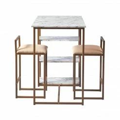 TeamsonUS Teamson Home Marmo Modern Marble-Look Breakfast Table Set With 2 Stools And Storage, Marble/Brass