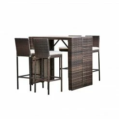 TeamsonUS New Teamson Home 5 Pc Outdoor Wicker Dining Set With Acacia Tabletop And Cushions, Brown