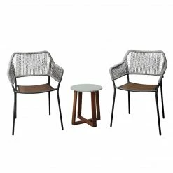 TeamsonUS Teamson Home Outdoor 3-Piece Stackable Patio Set With Two Rope Eucalyptus Chairs And Bistro Table Set, Gray
