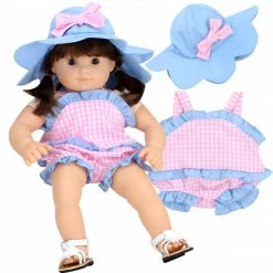 TeamsonUS Sophia's Gingham Romper Outfit And Hat Set For 15'' Dolls, Pink/Blue