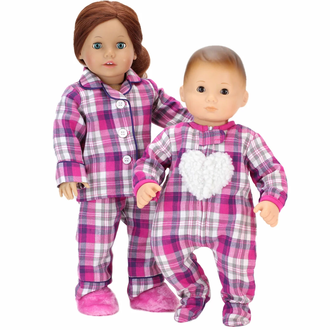 TeamsonUS Kids Sophia's Flannel Sleeper With Sherpa Heart Design For 15'' Dolls, Hot Pink