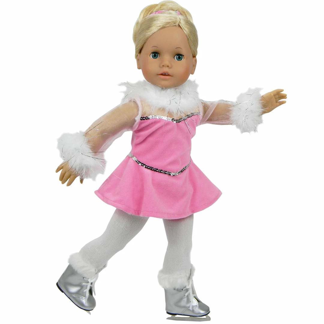 TeamsonUS Kids Sophia's Complete Figure Skating Outfit With Dress, Ice Skates And Accessories For 18" Dolls, Pink/Silver