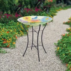 TeamsonUS Teamson Home Outdoor 18" Hand Painted Butterfly Fusion Glass Solar Bird Bath W/ Stand