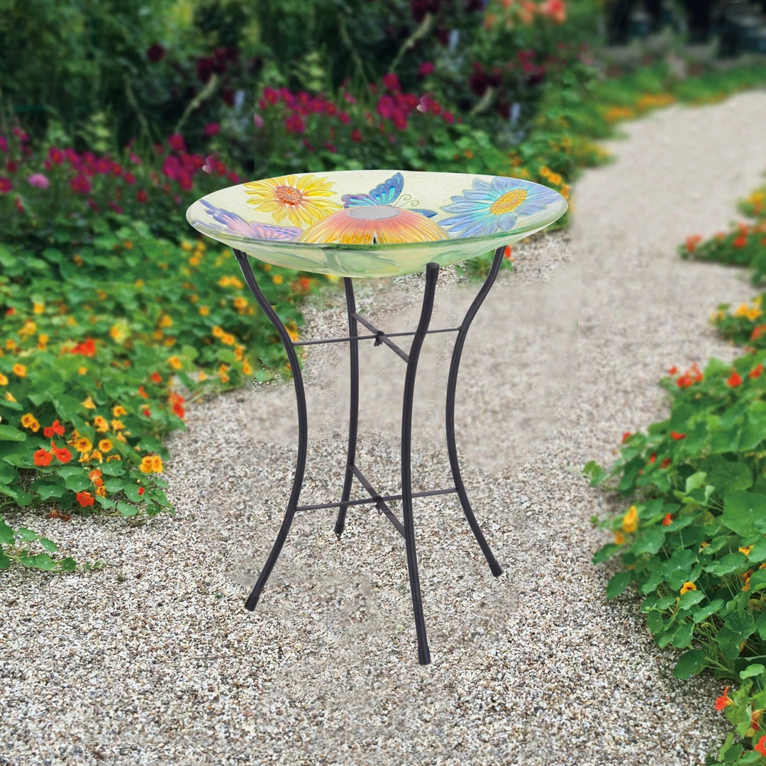 TeamsonUS Teamson Home Outdoor 18" Hand Painted Butterfly Fusion Glass Solar Bird Bath W/ Stand