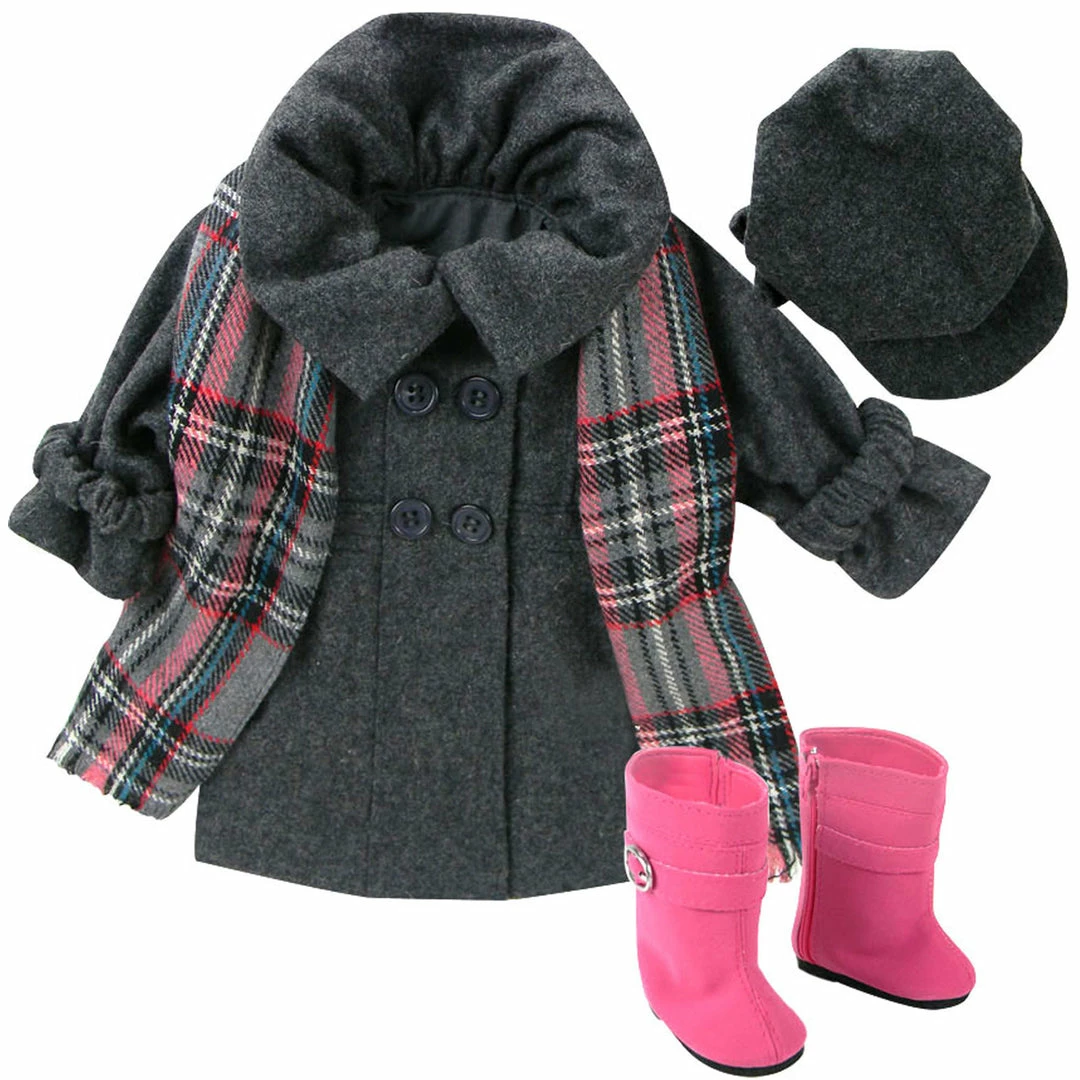 TeamsonUS Sophia's 4 Piece Winter Coat With Boots Set For 18'' Dolls, Gray/Pink Kids
