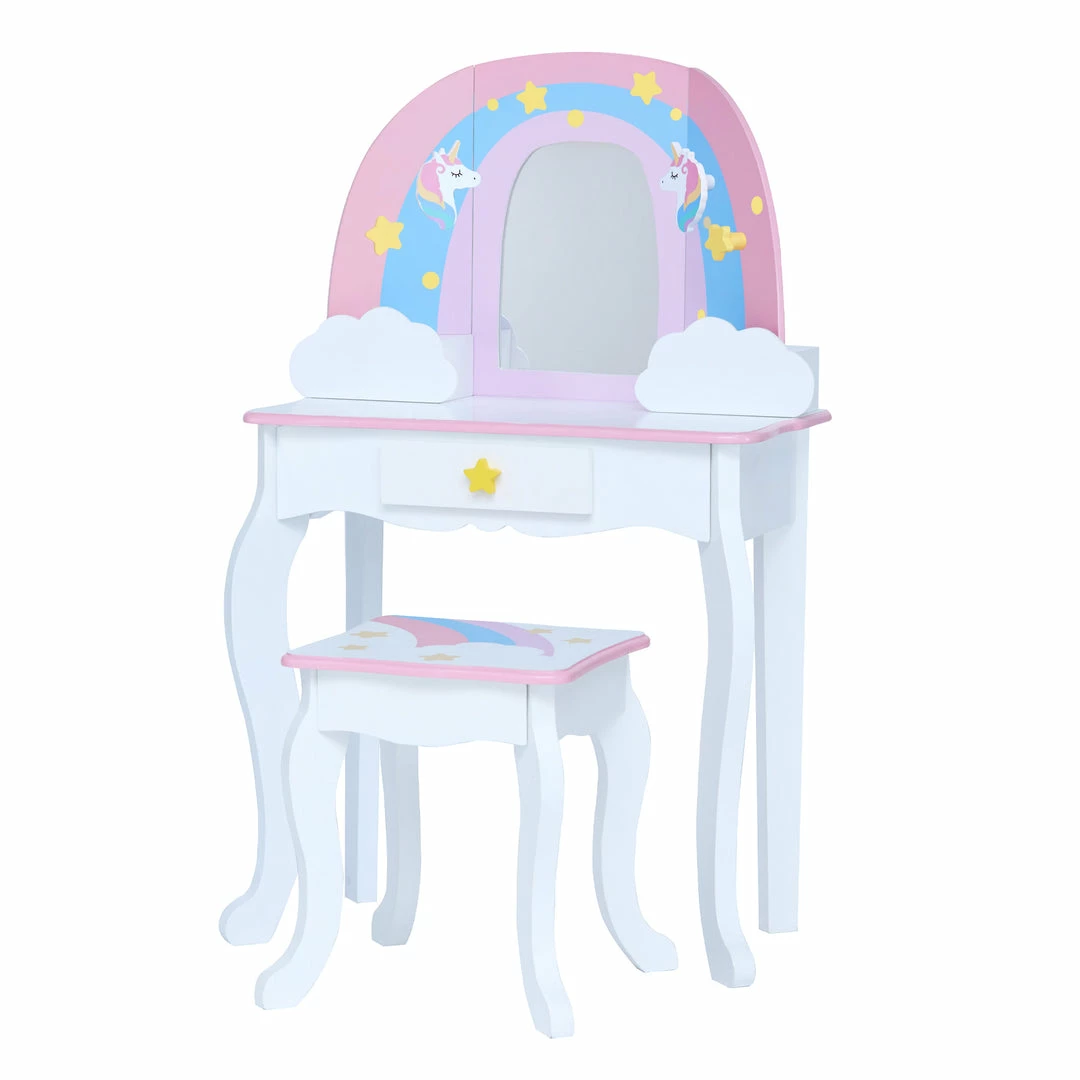 TeamsonUS Fantasy Fields Little Dreamer Rainbow Unicorn Vanity Table Set With Mirror And Stool, White Kids