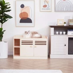 TeamsonUS Teamson Pets Robin Vented Wooden Cat Litter Box Enclosure Storage Bench, White