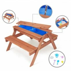 TeamsonUS Teamson Kids Outdoor Wooden Picnic Table With 2 Sensory Bins For Sand/Water Play Plus Accessories, Warm Cherry