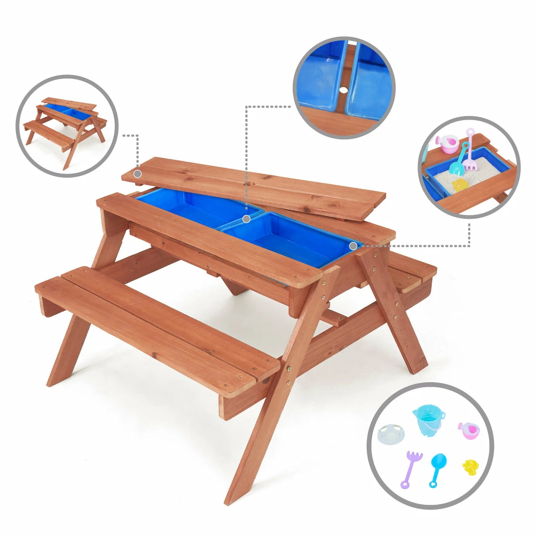 TeamsonUS Teamson Kids Outdoor Wooden Picnic Table With 2 Sensory Bins For Sand/Water Play Plus Accessories, Warm Cherry