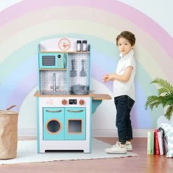TeamsonUS New Teamson Kids Little Chef Santos Retro Wooden Kitchen Playset, Aqua/White