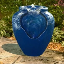 TeamsonUS Teamson Home Outdoor Glazed Pot Floor Fountain With LED Lights, Royal Blue