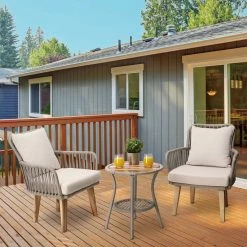 TeamsonUS Teamson Home Indoor/Outdoor 3 Piece Wicker Bistro Patio Set With Table, Chairs And Cushions Set, Tan/Brown