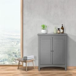 TeamsonUS Teamson Home Glancy Wooden Floor Cabinet With Shutter Doors And Adjustable Shelves, Gray New