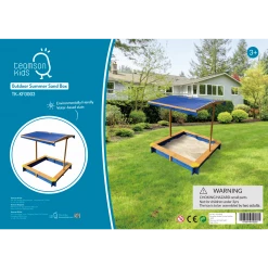 TeamsonUS Teamson Kids 4' Square Solid Wood Sandbox With Rotatable Canopy Cover, Honey/Blue