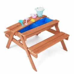 TeamsonUS Teamson Kids Outdoor Wooden Picnic Table With 2 Sensory Bins For Sand/Water Play Plus Accessories, Warm Cherry