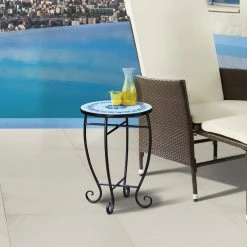 TeamsonUS Teamson Home Small 14" Round Outdoor Mosaic Side Table Planter Stand, Blue