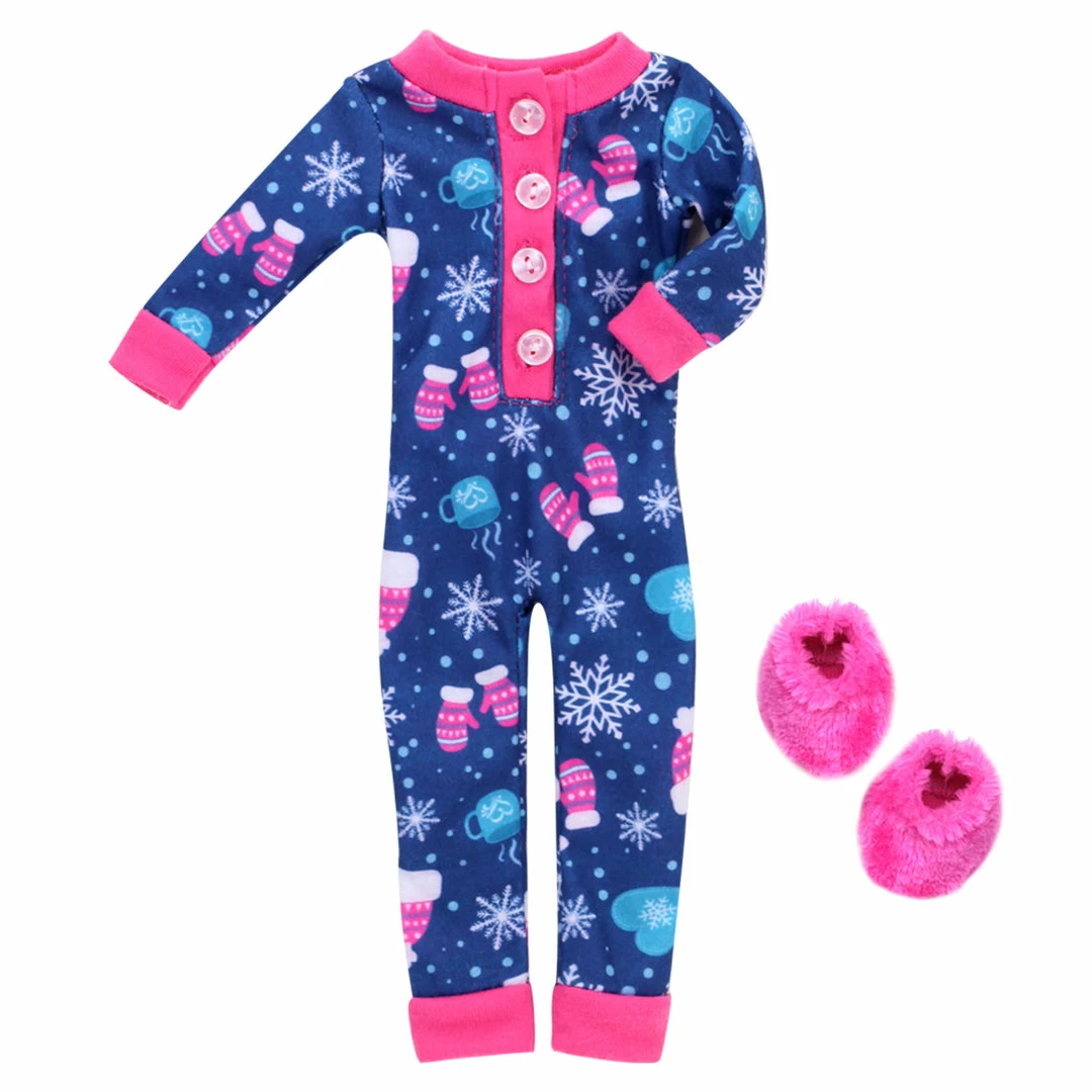 TeamsonUS Sophia's One Piece Winter Pajamas And Slippers For 14.5" Dolls, Blue/Hot Pink Kids