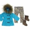 TeamsonUS Sophia's 3 Piece Winter Set Includes Fur Trimmed Pea Coat, Animal Print Leggings And Boots For 18" Dolls, Turquoise/Brown