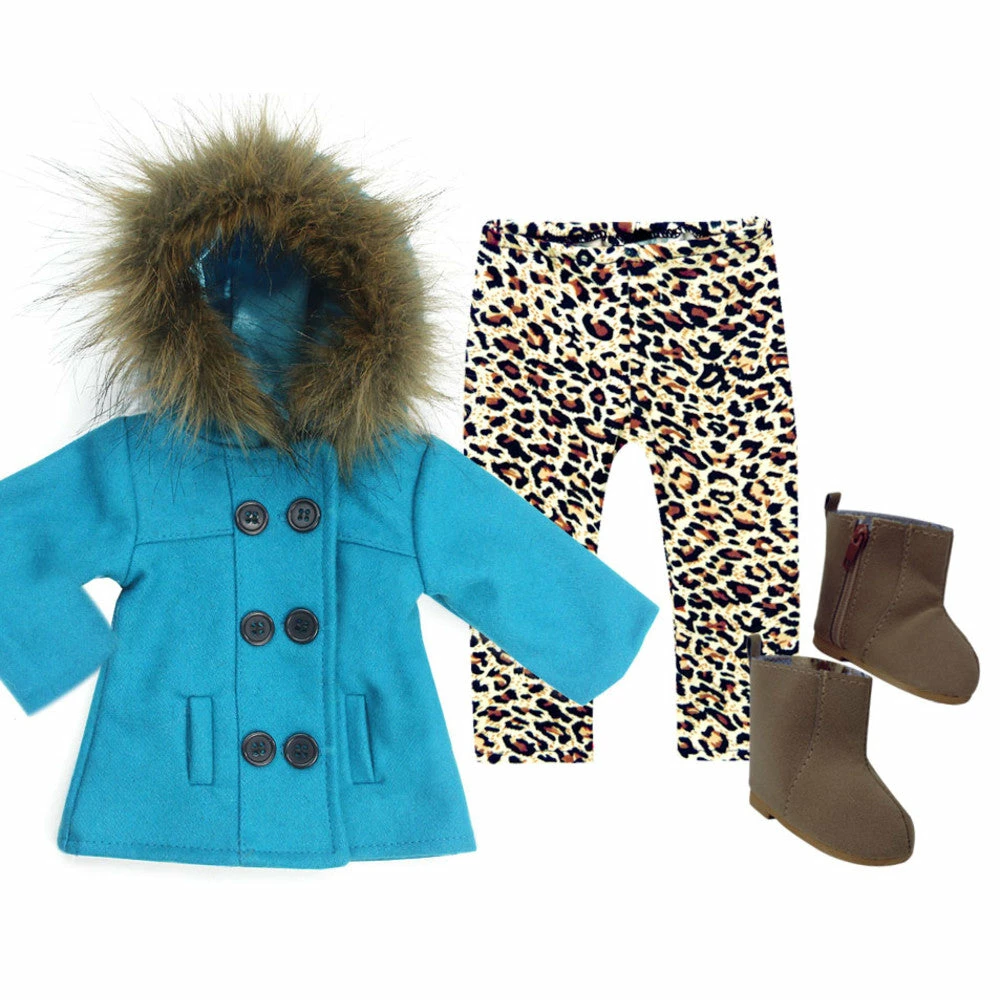 TeamsonUS Sophia's 3 Piece Winter Set Includes Fur Trimmed Pea Coat, Animal Print Leggings And Boots For 18" Dolls, Turquoise/Brown