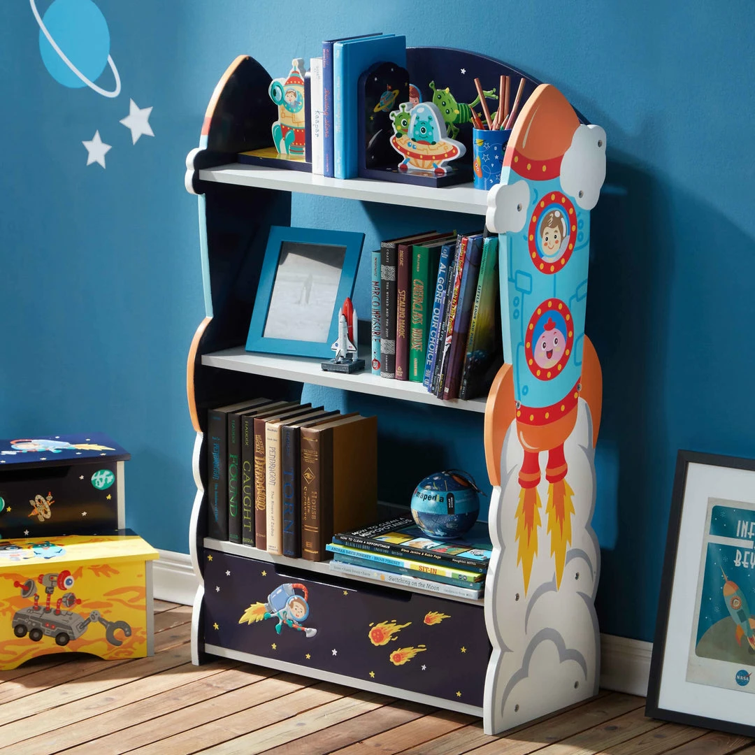 TeamsonUS Fantasy Fields Kids Wooden Outer Space Bookshelf With Drawer, Blue