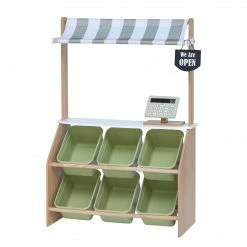 TeamsonUS Teamson Kids Little Helper Wooden Play Farmer's Market Stand With Cash Register And Storage Bins, Natural/Green