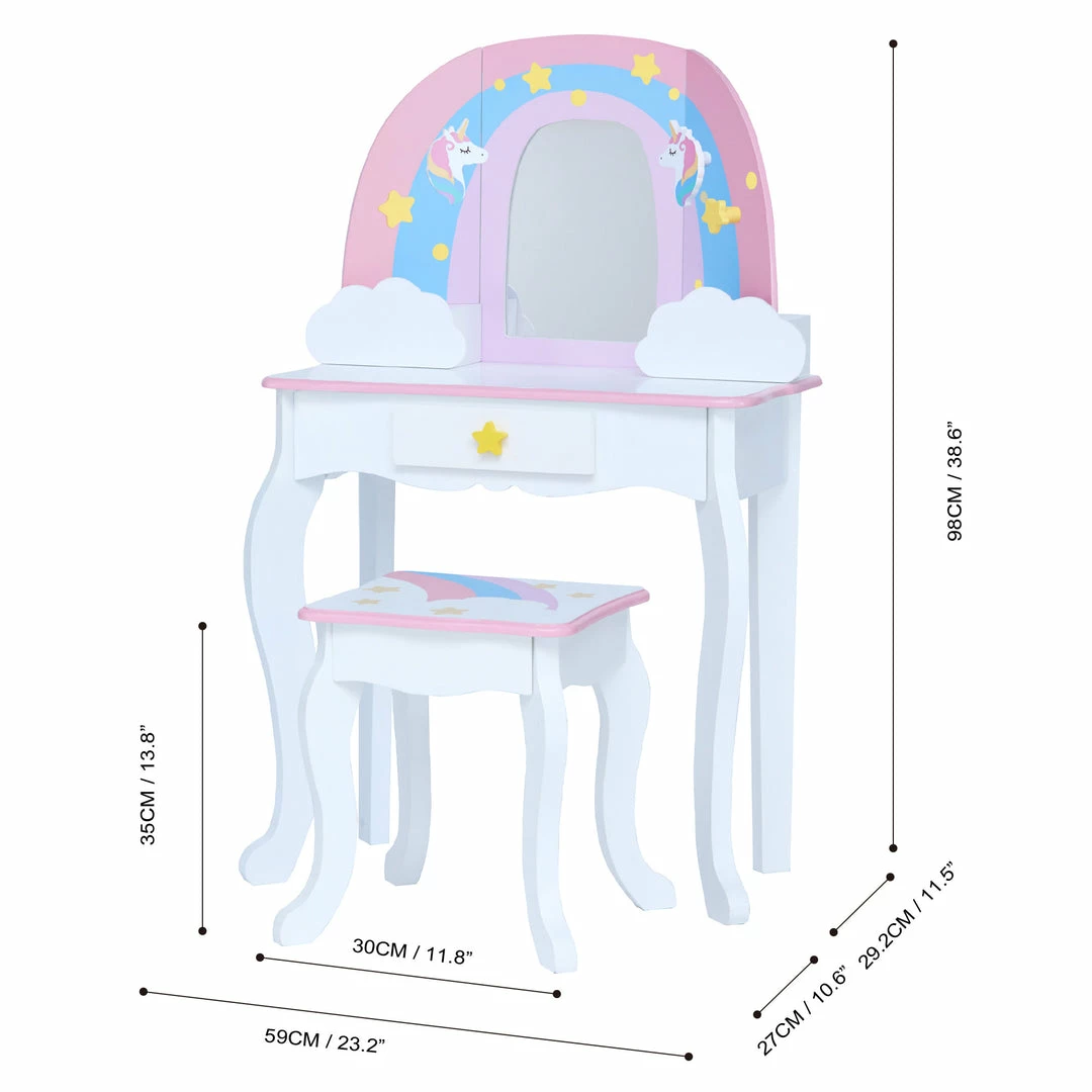 TeamsonUS Fantasy Fields Little Dreamer Rainbow Unicorn Vanity Table Set With Mirror And Stool, White Kids