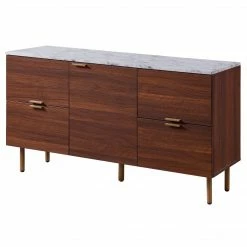 TeamsonUS Teamson Home Ashton Rectangular Wood Sideboard With Marble-Look Top And Metal Legs, Marble/Walnut