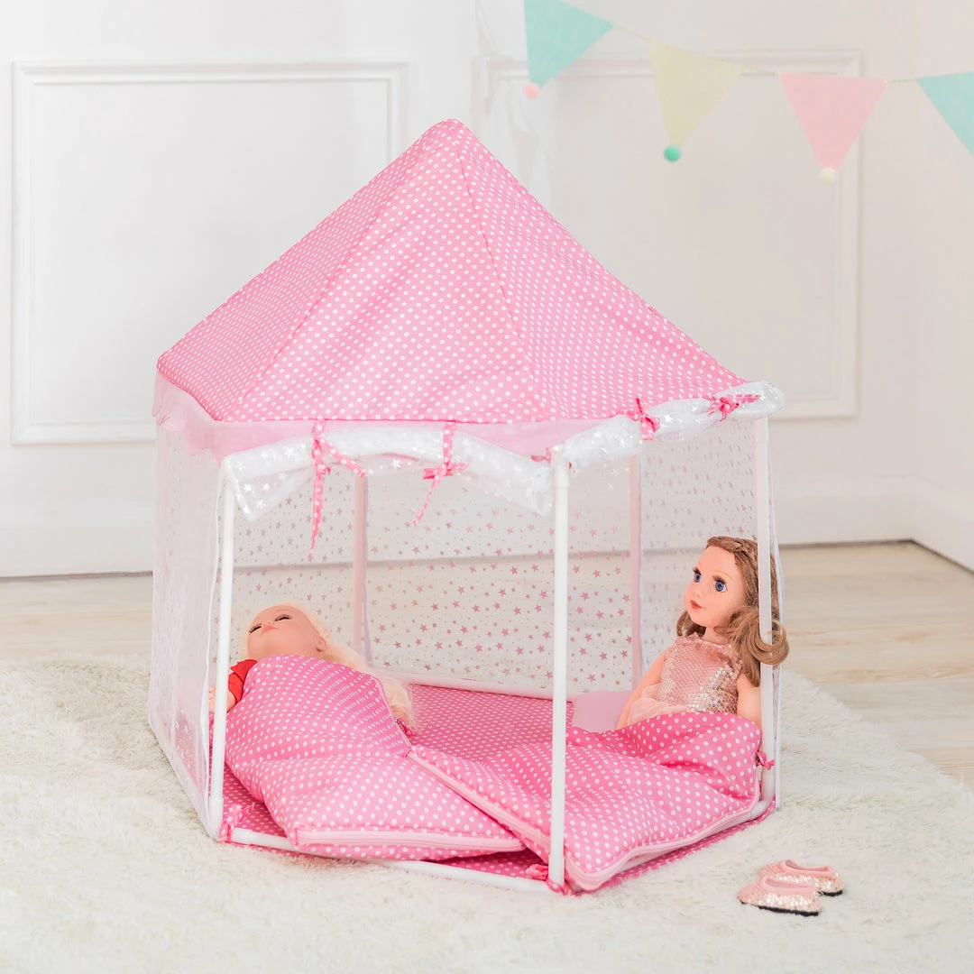 TeamsonUS Olivia's Little World Toy Tent With 2 Sleeping Bags For 18" Dolls, White/Pink