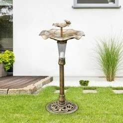 TeamsonUS Teamson Home Outdoor 2-Tier Polyresin Lotus Pedestal Birdbath With LED Light, Bronze