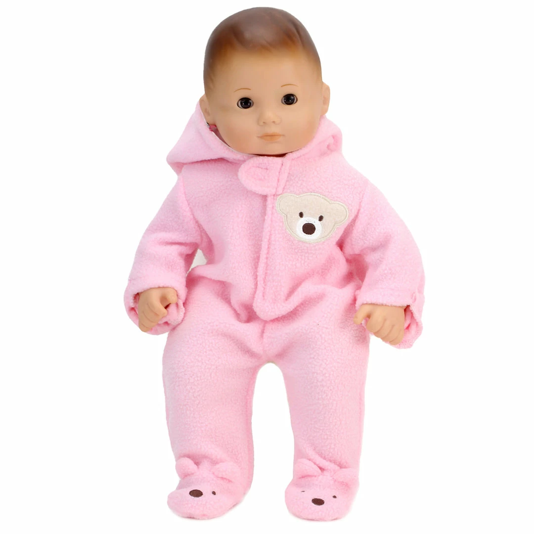 TeamsonUS Kids Sophia's Fleece Bear Hooded Snowsuit Outfit For 15'' Dolls, Light Pink