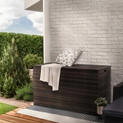 TeamsonUS Teamson Home Outdoor Rattan Wicker 154 Gallon Patio Storage Box With Lining, Brown New