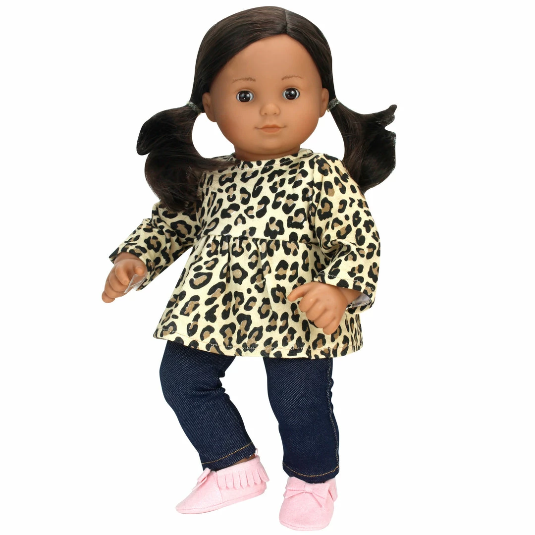 TeamsonUS Kids Sophia's Cheetah Print Tunic And Denim Jeggings Outfit Set For 15'' Dolls, Tan