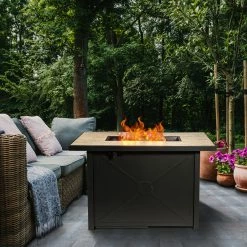 TeamsonUS Teamson Home 42" Outdoor Rectangular Propane Gas Fire Pit With Steel Base, Black/Stone