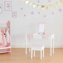 TeamsonUS Fantasy Fields Kids Kate Twinkle Star Vanity Set With Foldable Mirror And Chair, Pink/White