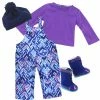 TeamsonUS Sophia's Ikat Print Snow Bib Overalls, Long Sleeve Tee, Fleece Hat And Boots Set For 18" Dolls, Purple Kids