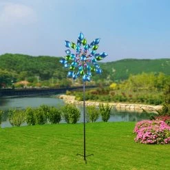 TeamsonUS Teamson Home - Outdoor Blue Floral Kinetic Dual Spinner Windmill