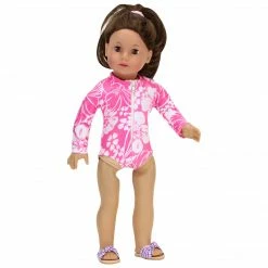 TeamsonUS Kids Sophia's Hawaiian Print Long Sleeve Rash Guard Swimsuit For 18" Dolls, Hot Pink