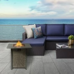 TeamsonUS Teamson Home Outdoor 28" Propane Gas Fire Pit Table With Lid And Texteline Base, Beige