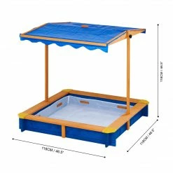 TeamsonUS Teamson Kids 4' Square Solid Wood Sandbox With Rotatable Canopy Cover, Honey/Blue